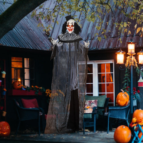 HOMCOM 6 Life Size Outdoor Halloween Decoration, Classic Black And White Striped Clown Animatronic, Sound And Motion Activated Animated Prop With Light Up Eyes Sounds