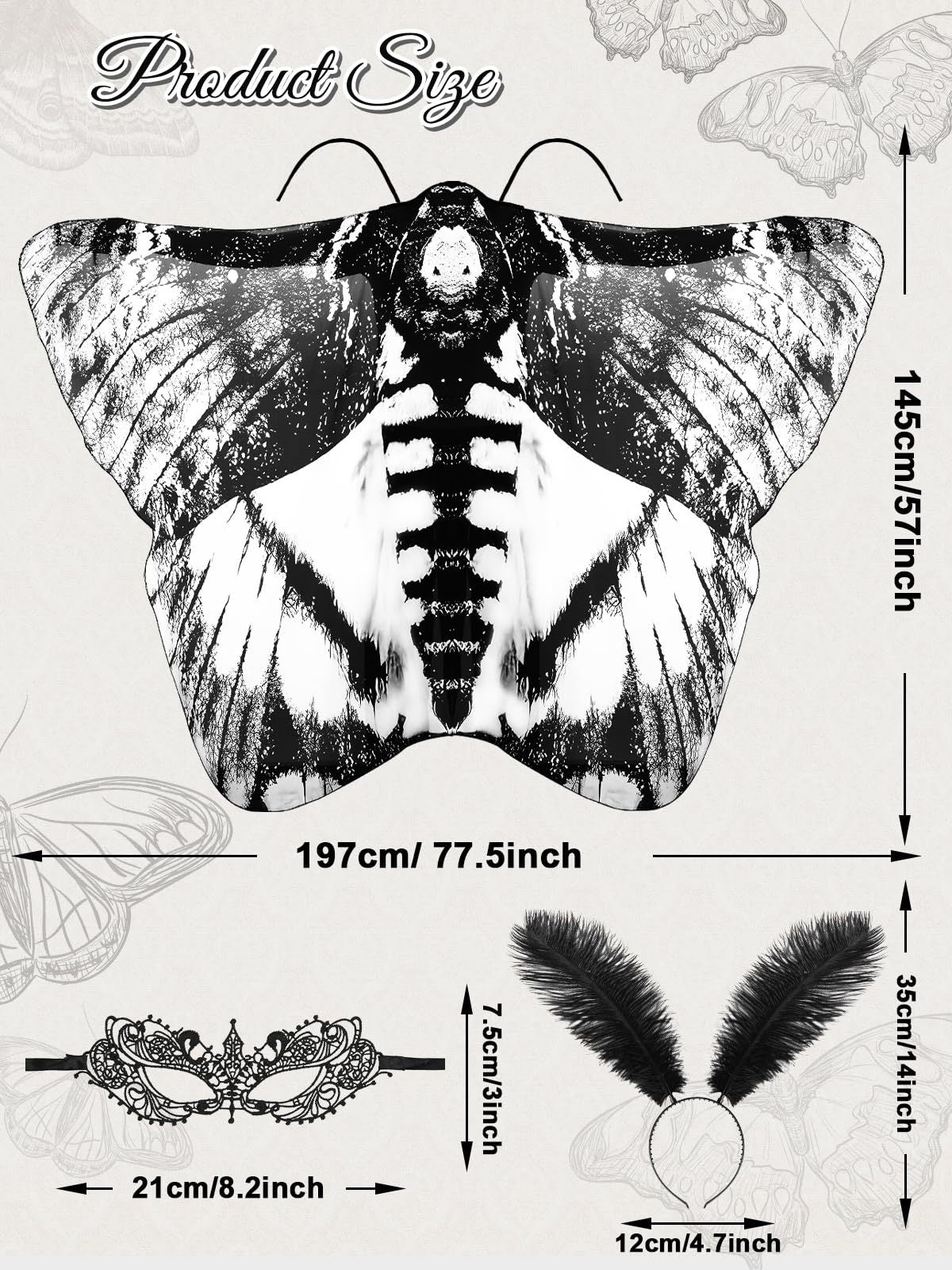 3 Pcs Moth Butterfly Wings Cape Set Costume Moth Wings Moth Cape With Headband Lace Mask For Halloween-Ban On Selling On Amazon