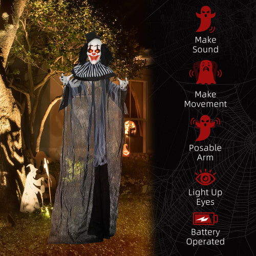 HOMCOM 6 Life Size Outdoor Halloween Decoration, Classic Black And White Striped Clown Animatronic, Sound And Motion Activated Animated Prop With Light Up Eyes Sounds