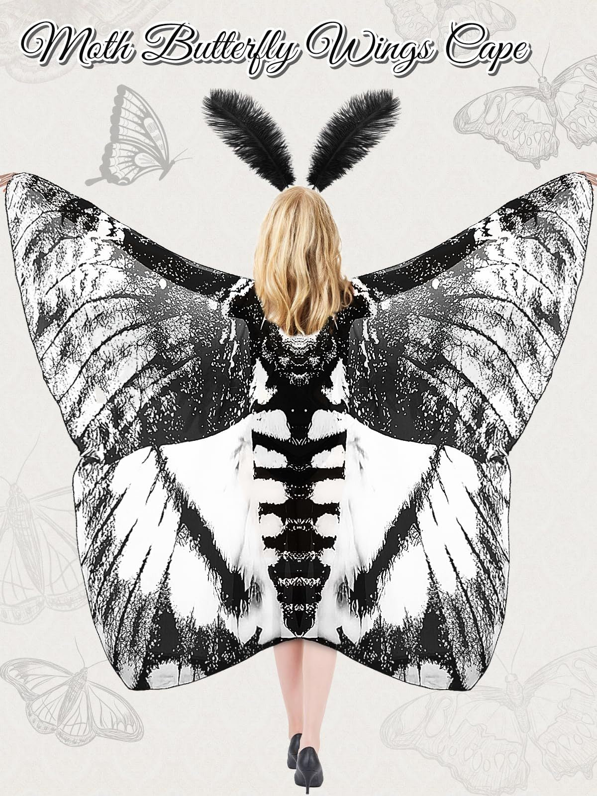 3 Pcs Moth Butterfly Wings Cape Set Costume Moth Wings Moth Cape With Headband Lace Mask For Halloween-Ban On Selling On Amazon