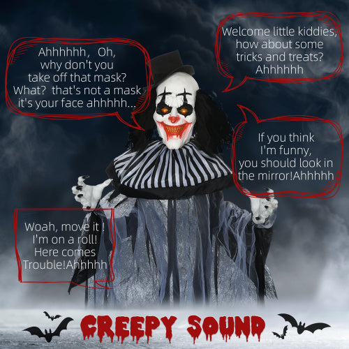 HOMCOM 6 Life Size Outdoor Halloween Decoration, Classic Black And White Striped Clown Animatronic, Sound And Motion Activated Animated Prop With Light Up Eyes Sounds