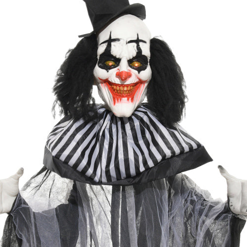 HOMCOM 6 Life Size Outdoor Halloween Decoration, Classic Black And White Striped Clown Animatronic, Sound And Motion Activated Animated Prop With Light Up Eyes Sounds