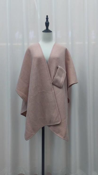 Fur Collar Knitted Cardigan Cape & Shawl – Cozy Winter Wrap with Fur Ball Detail
