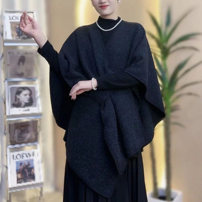 Fur Collar Knitted Cardigan Cape & Shawl – Cozy Winter Wrap with Fur Ball Detail