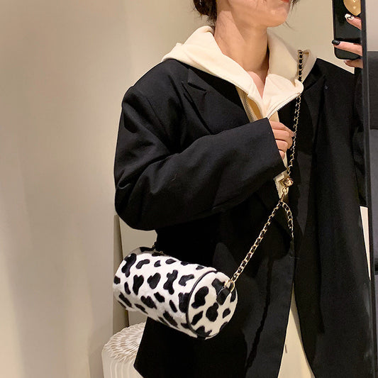 Unique Cow Print Plush Travel Bag with Flower Checkerboard