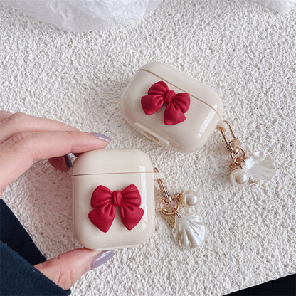 Beige Wireless Earphone Case with Red Bow & Shell Pendant – Cute Protective Cover