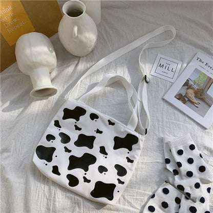 Girls’ Cow Pattern Canvas Bag – Perfect for School or Outings