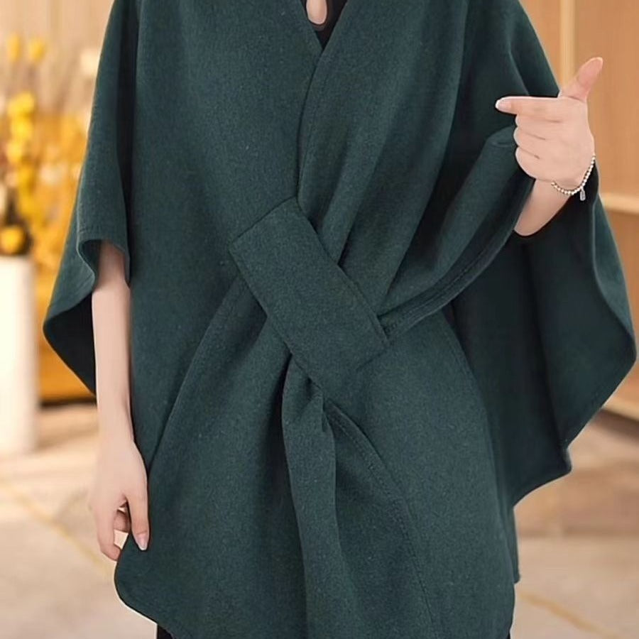 Fur Collar Knitted Cardigan Cape & Shawl – Cozy Winter Wrap with Fur Ball Detail