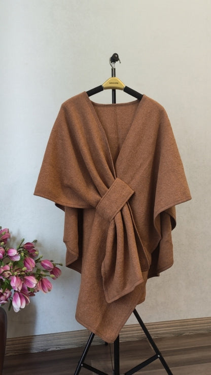 Fur Collar Knitted Cardigan Cape & Shawl – Cozy Winter Wrap with Fur Ball Detail