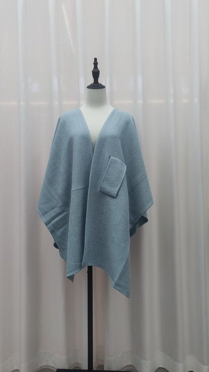 Fur Collar Knitted Cardigan Cape & Shawl – Cozy Winter Wrap with Fur Ball Detail