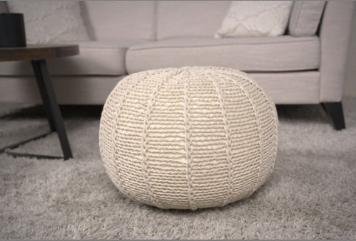 Bordeaux Knitted Cotton Round Pouf – Beige Cozy Floor Ottoman