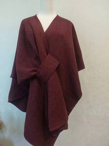 Fur Collar Knitted Cardigan Cape & Shawl – Cozy Winter Wrap with Fur Ball Detail