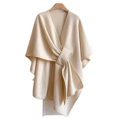 Fur Collar Knitted Cardigan Cape & Shawl – Cozy Winter Wrap with Fur Ball Detail