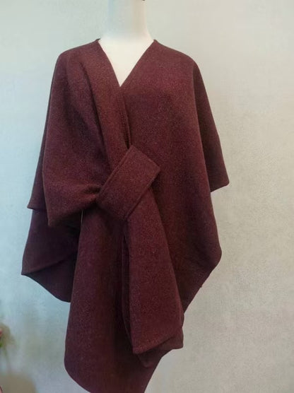 Fur Collar Knitted Cardigan Cape & Shawl – Cozy Winter Wrap with Fur Ball Detail