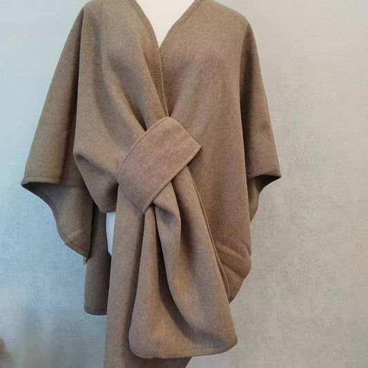 Fur Collar Knitted Cardigan Cape & Shawl – Cozy Winter Wrap with Fur Ball Detail