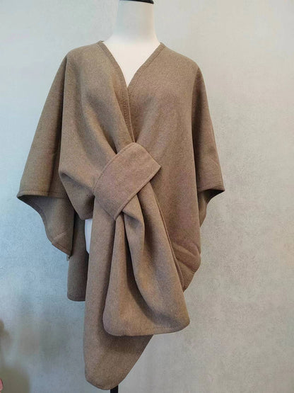 Fur Collar Knitted Cardigan Cape & Shawl – Cozy Winter Wrap with Fur Ball Detail
