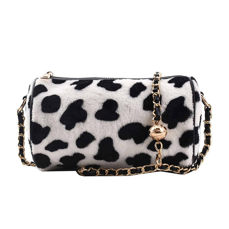 Unique Cow Print Plush Travel Bag with Flower Checkerboard