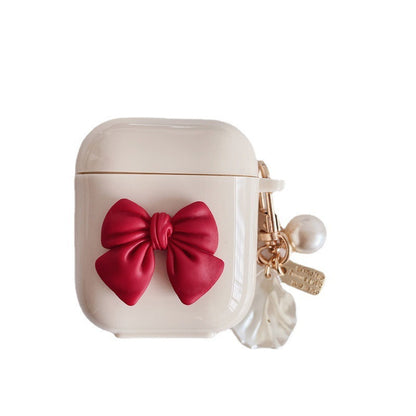 Beige Wireless Earphone Case with Red Bow & Shell Pendant – Cute Protective Cover