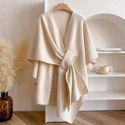 Fur Collar Knitted Cardigan Cape & Shawl – Cozy Winter Wrap with Fur Ball Detail