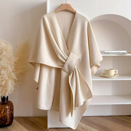Fur Collar Knitted Cardigan Cape & Shawl – Cozy Winter Wrap with Fur Ball Detail