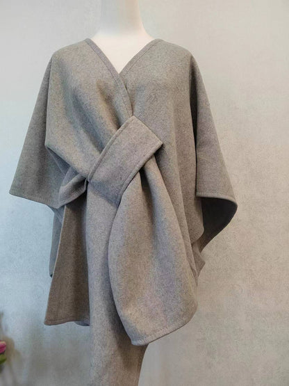 Fur Collar Knitted Cardigan Cape & Shawl – Cozy Winter Wrap with Fur Ball Detail