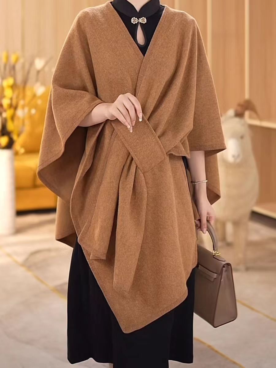 Fur Collar Knitted Cardigan Cape & Shawl – Cozy Winter Wrap with Fur Ball Detail