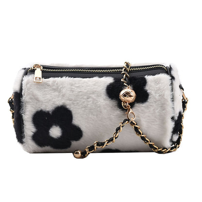 Unique Cow Print Plush Travel Bag with Flower Checkerboard