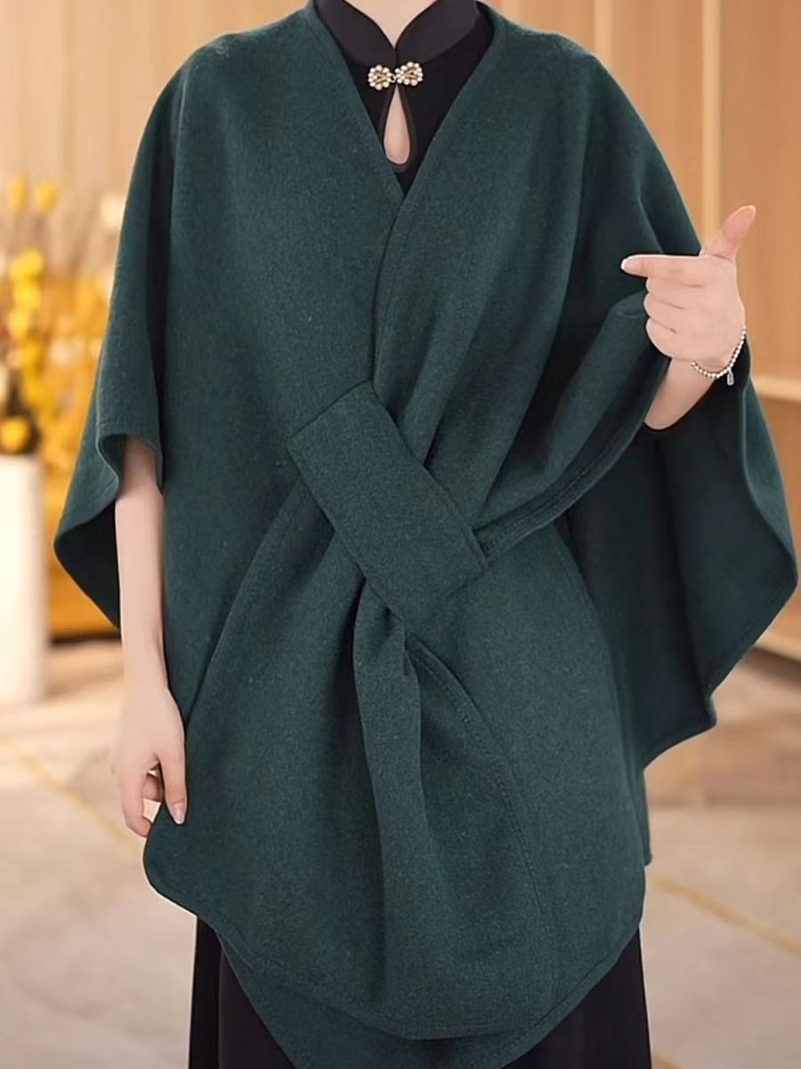 Fur Collar Knitted Cardigan Cape & Shawl – Cozy Winter Wrap with Fur Ball Detail