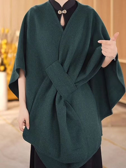 Fur Collar Knitted Cardigan Cape & Shawl – Cozy Winter Wrap with Fur Ball Detail