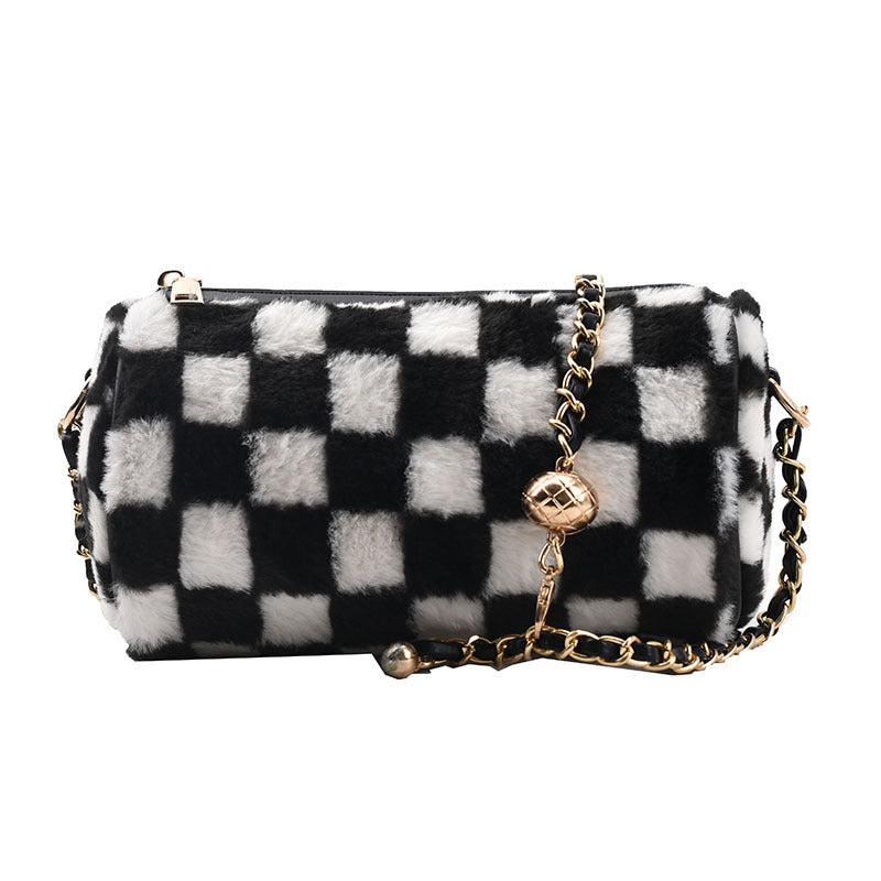 Unique Cow Print Plush Travel Bag with Flower Checkerboard