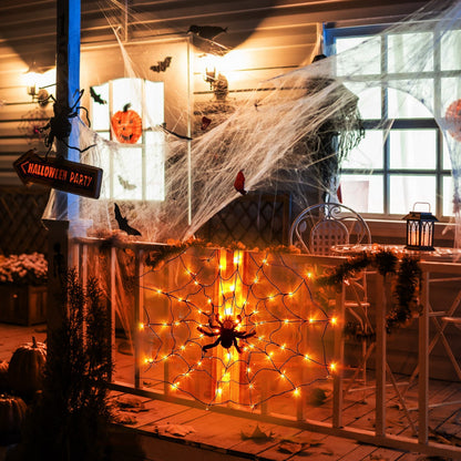 3.28FT Spider Web Light With Hairy Spider 70LED Battery Powered Remote Control 8 Lighting Modes Glowing Outdoor Indoor Wall Halloween Decoration