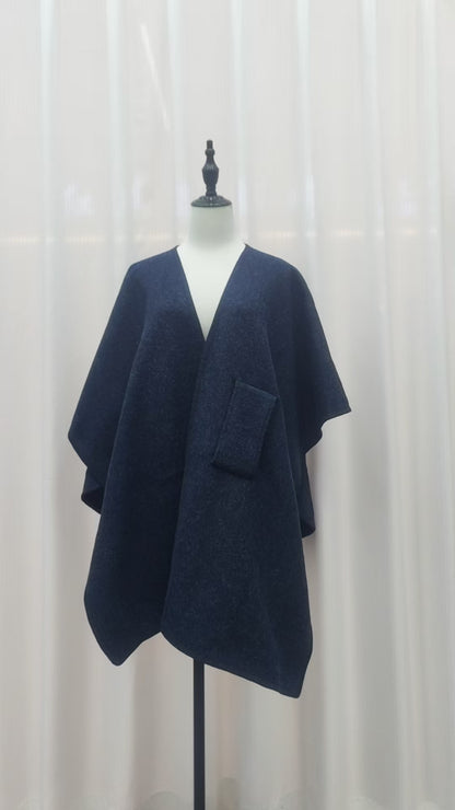 Fur Collar Knitted Cardigan Cape & Shawl – Cozy Winter Wrap with Fur Ball Detail