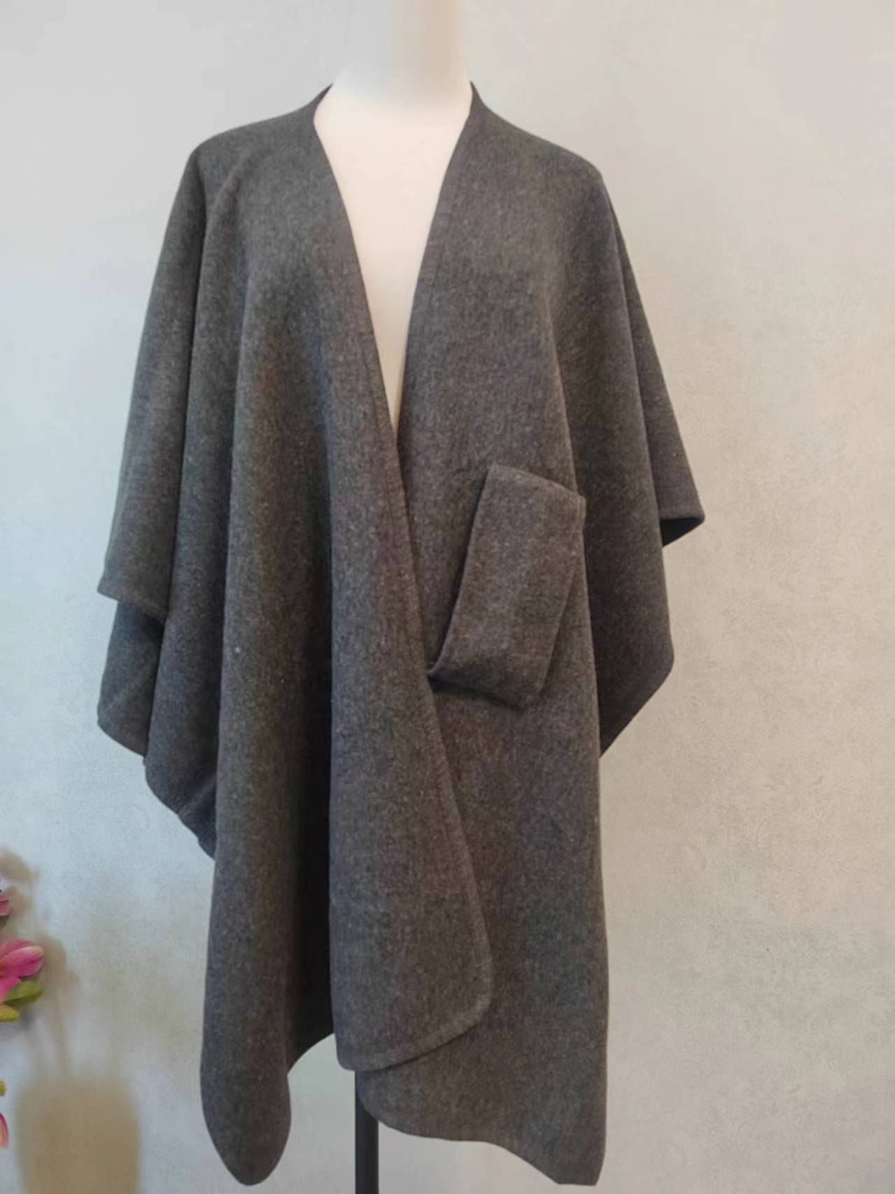 Fur Collar Knitted Cardigan Cape & Shawl – Cozy Winter Wrap with Fur Ball Detail