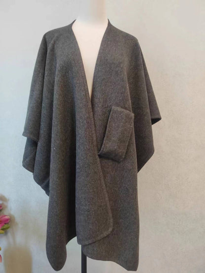 Fur Collar Knitted Cardigan Cape & Shawl – Cozy Winter Wrap with Fur Ball Detail